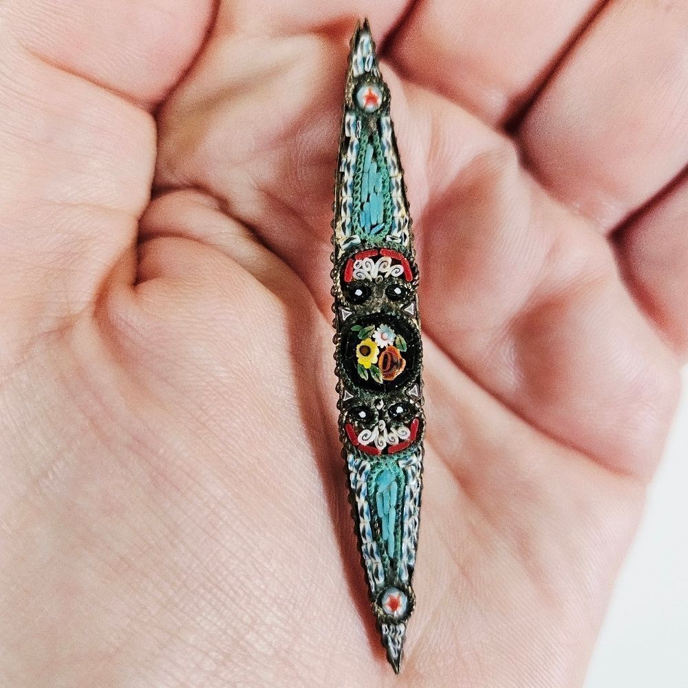 Vintage Millefiori Italian Glass Micro Mosaic Floral Inlaid Roman Bar Brooch Pin - Picture 7 of 8